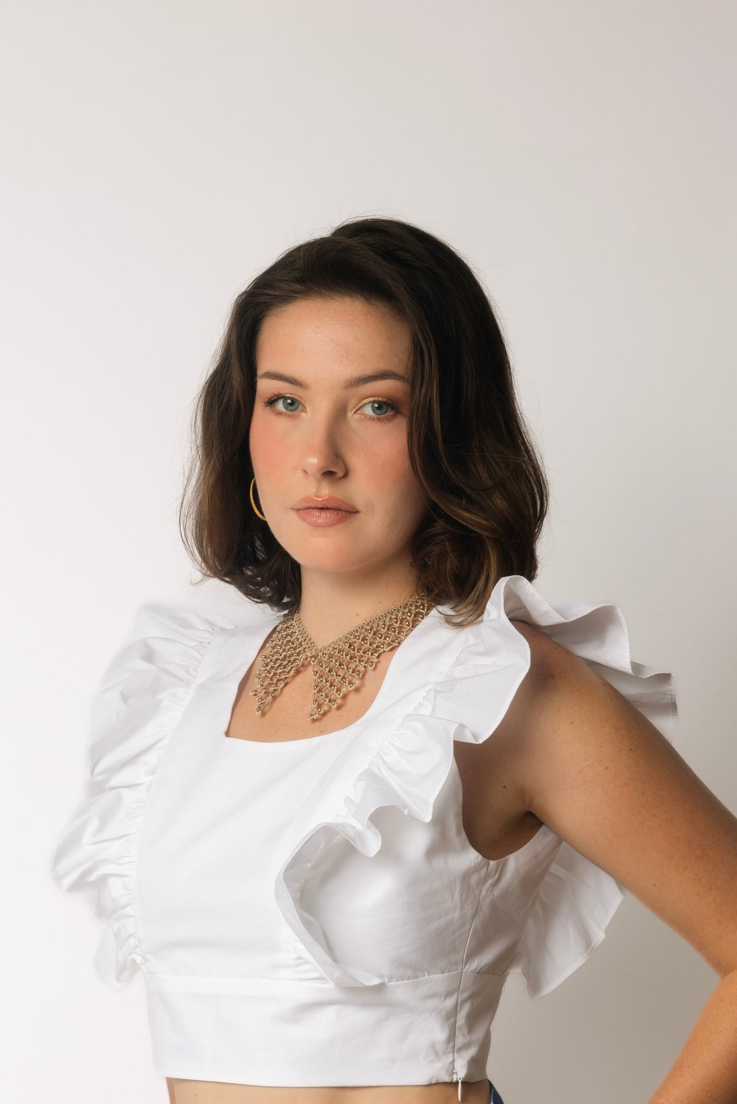 Cotton Sateen Flutter Sleeve Shirt- Classic White