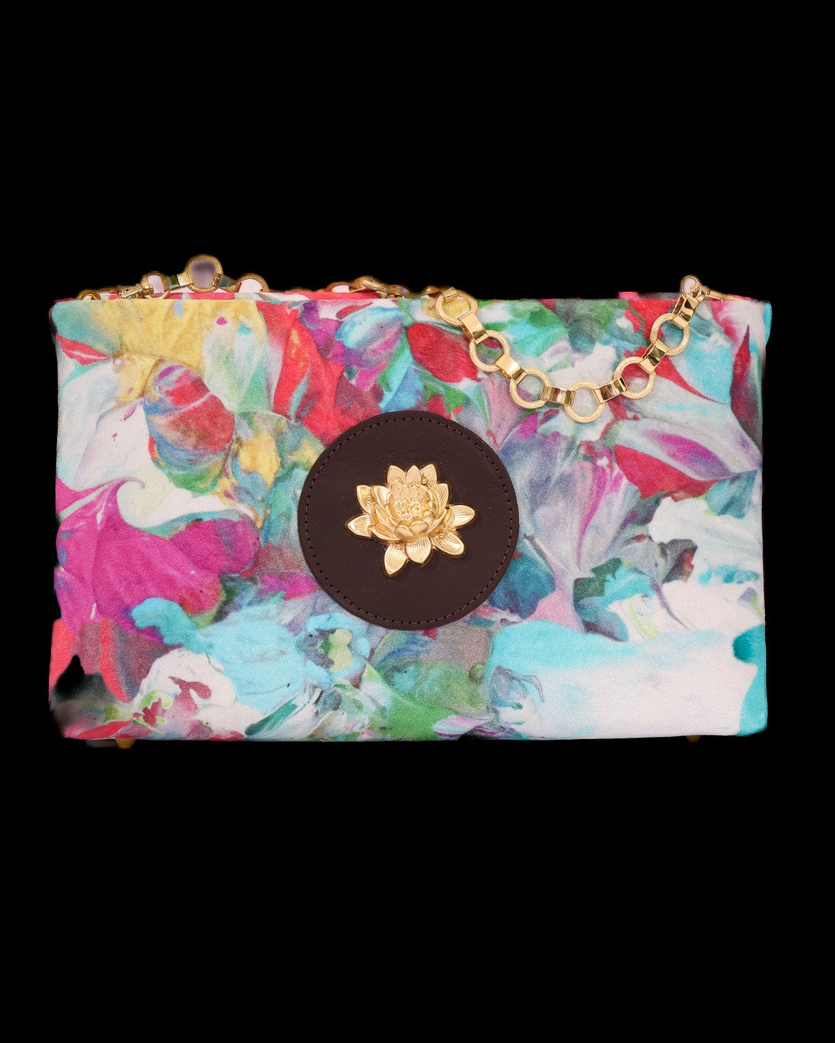Colorful floral clutch bag brass chain and lotus accent